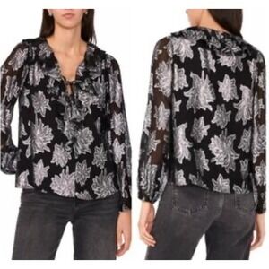 Parker Women's Metallic Star Blouse Sz M Black & Silver Flowy Blouson Celestial